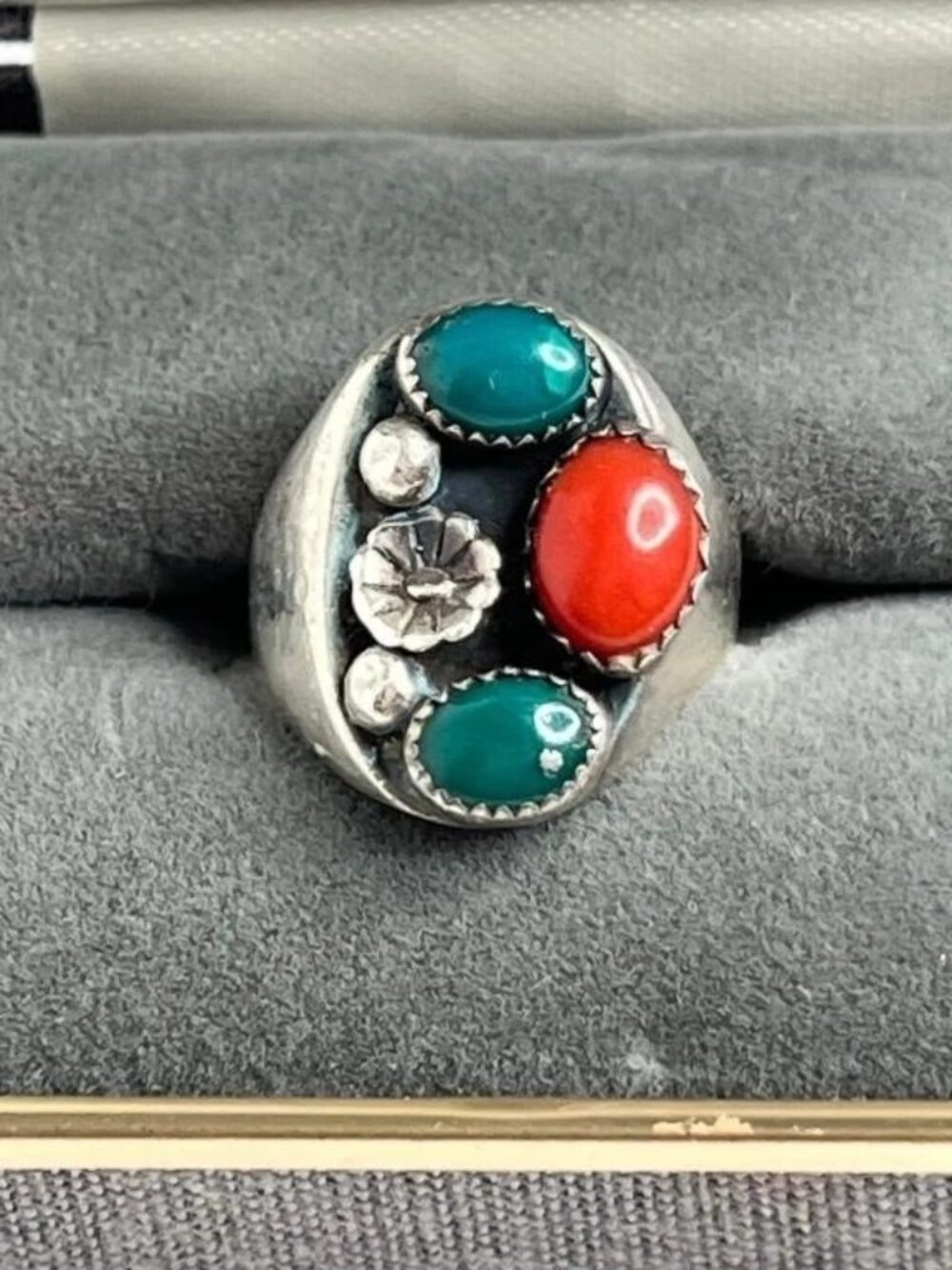 Vintage Navajo Sterling Silver Turquoise & Coral Cluster Ring Lenora Begay LBC